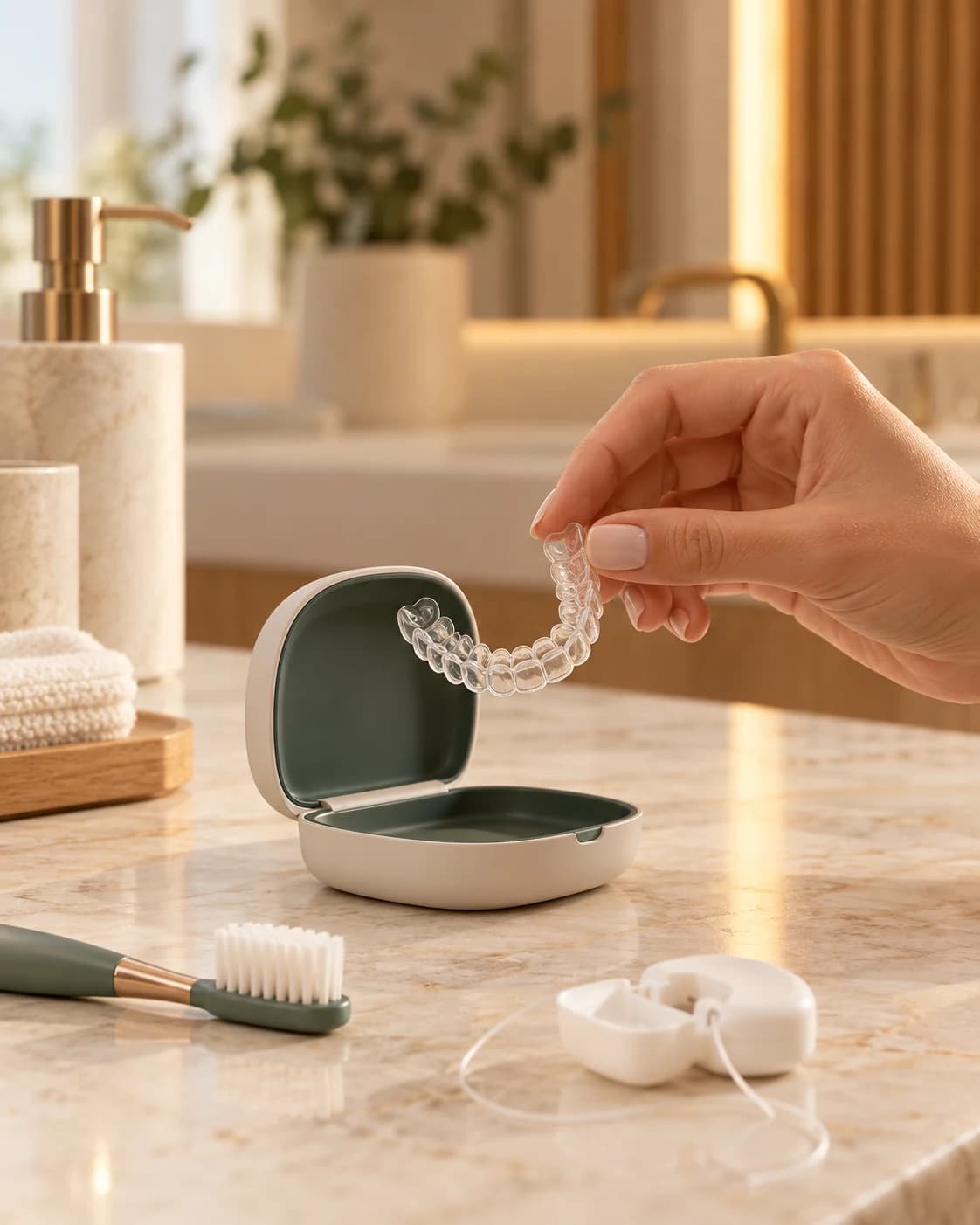 Alinhador transparente removido ao lado de escova e fio dental, representando a higiene bucal facilitada.